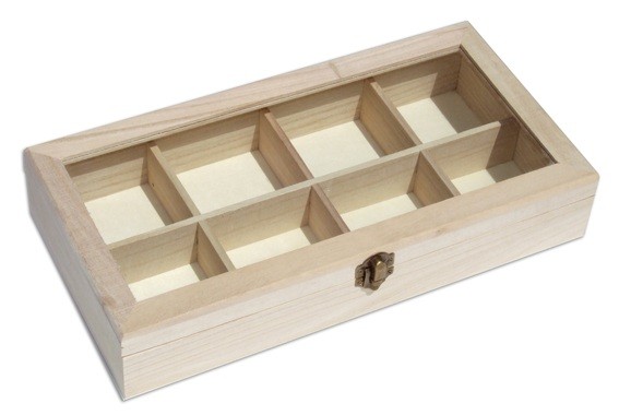 Holzbox mit Glasdeckel und 8 Fächern, Tee Box